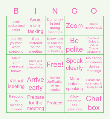 Virtual Meeting Etiquette Bingo Card