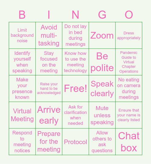 Virtual Meeting Etiquette Bingo Card