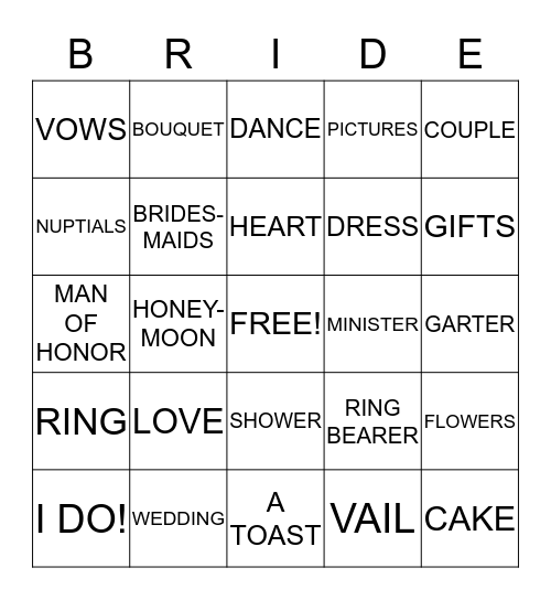 Jessica's Bridal Shower Bingo Card