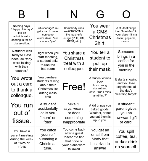 Teaching During the Holidays Bingo Board Bingo Card