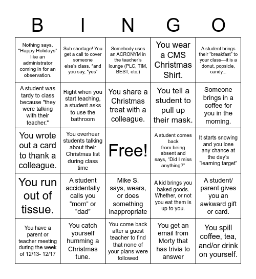 Teaching During the Holidays Bingo Board Bingo Card