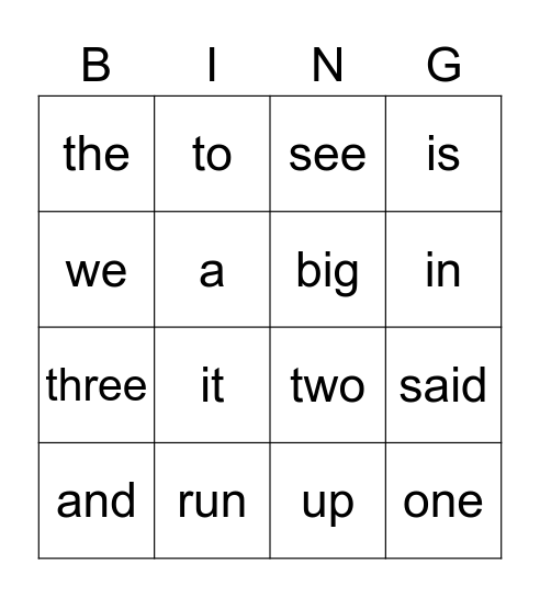 Sight Words Bingo Card