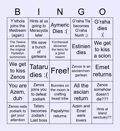 Nemnem Endwalker predictions Bingo Card