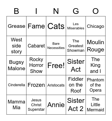 Musicals Bingo Card