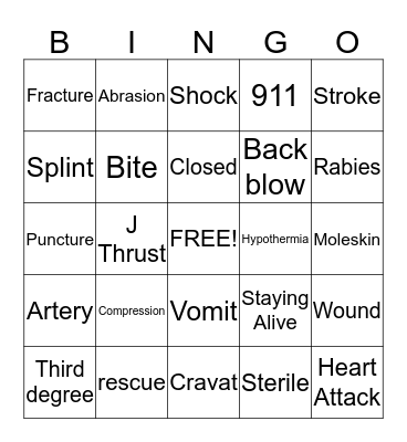 First Aid Bingo Card