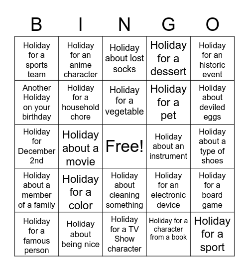 Unusual Holidays Bingo Card