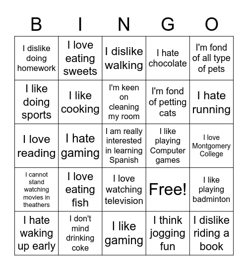 Likes and dislikes Bingo Card