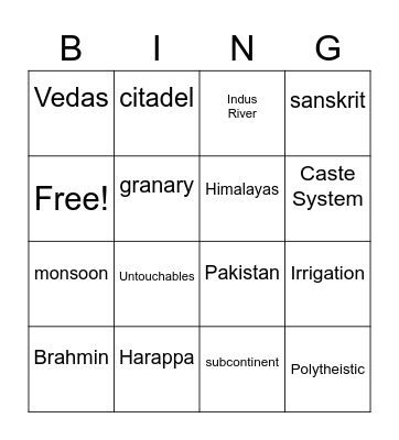 Indus Valley Bingo Card