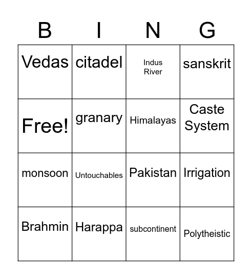 Indus Valley Bingo Card