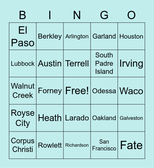 Cities Bingo Card