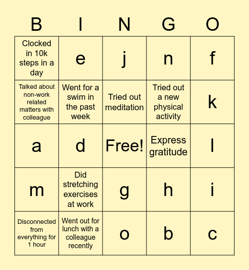 Health Bingo Card