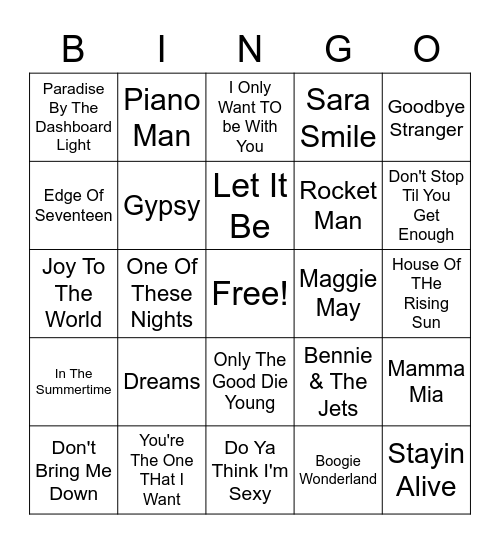 70's Hits Bingo Card