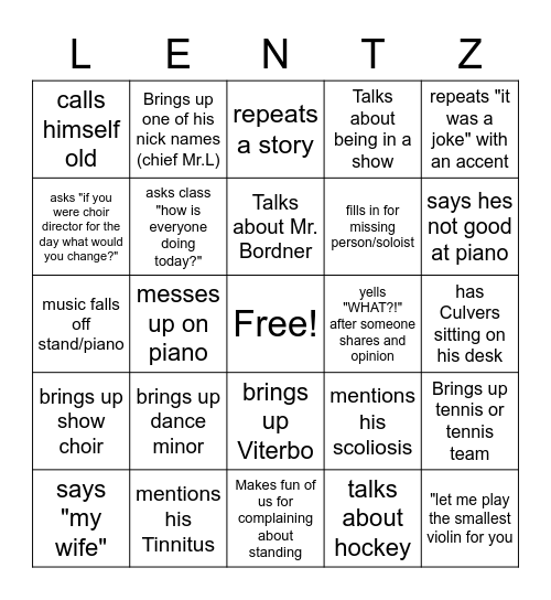 Mr. Lentz Bingo Card