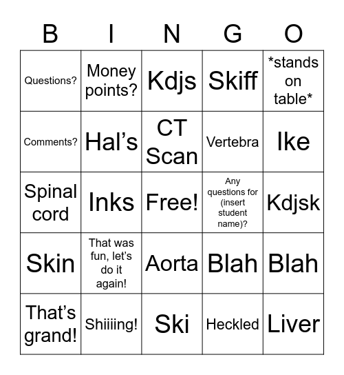 Anatomy Bingo Card