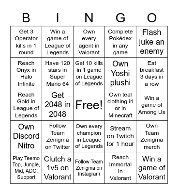 Zenigma Bingo Card