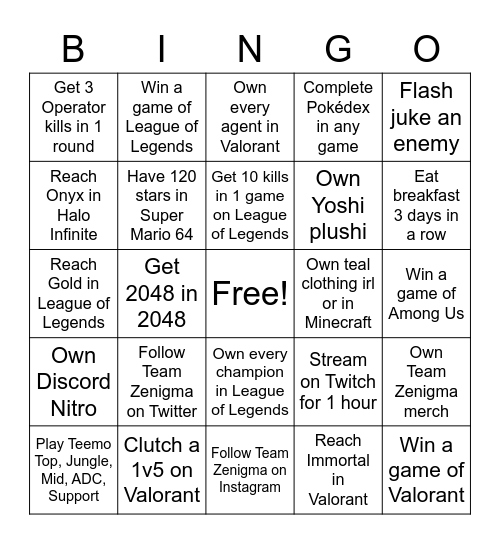 Zenigma Bingo Card