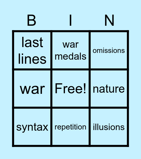 A Farewell to Arms Book 3 Bingo Card