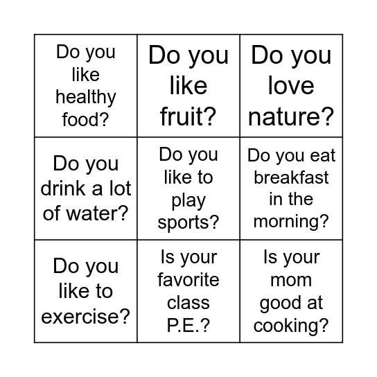 Healthy Lifestyle Bingo Card