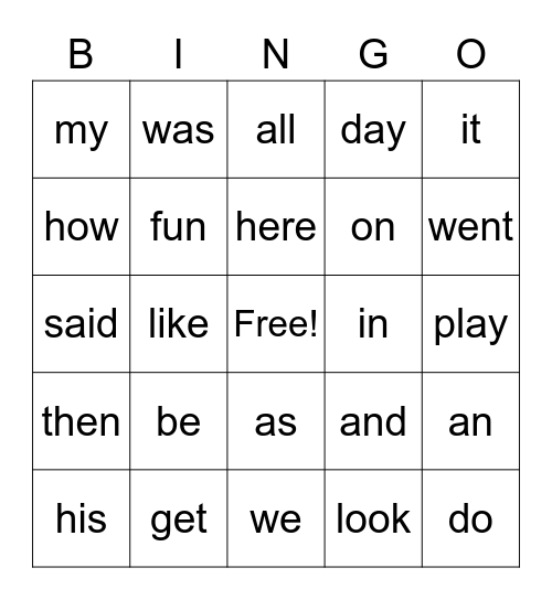 Snap words Bingo Card