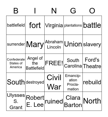 Civil War  Bingo Card