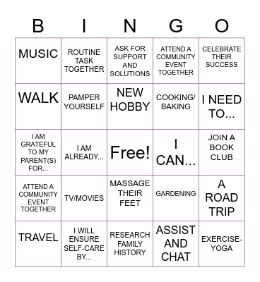 Activities with Parents Bingo Card