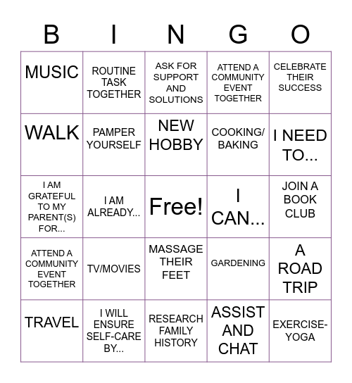 Activities with Parents Bingo Card