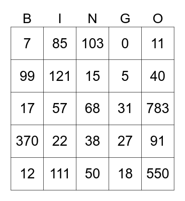 Number Bingo Card