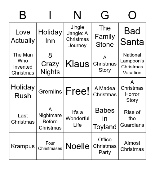 Holiday Movies and TV Specials Bingo Card