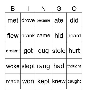 Irregular Verbs Bingo Card
