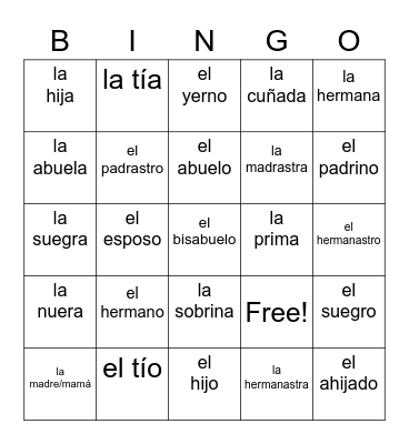 Family Members Bingo Card