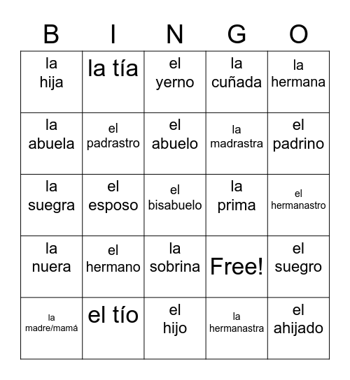 Family Members Bingo Card