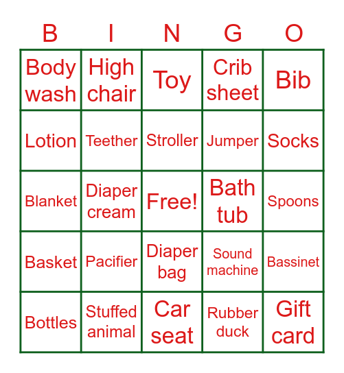 Baby Shower Bingo Card