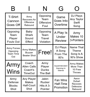 Army Basketball Bingo Card