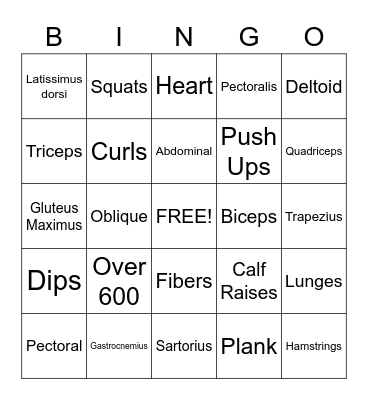 Muscle and Exercise Bingo Card