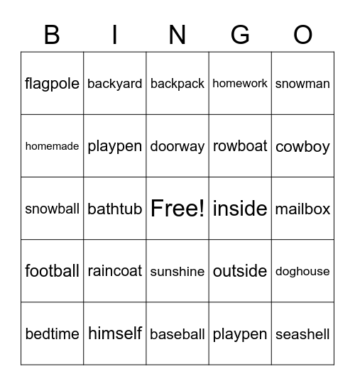 Compound Words Bingo Card