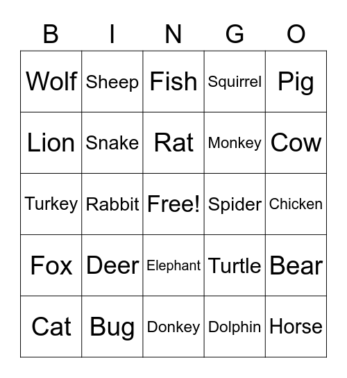 ASL Animals Bingo Card