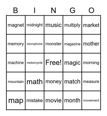 Letter M Bingo Card