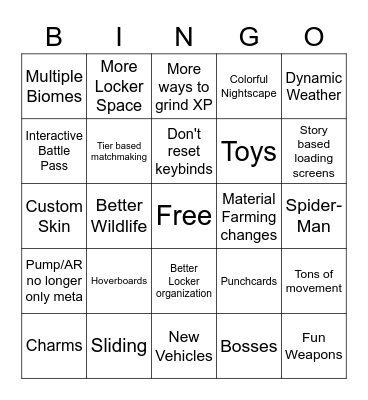 Fortnite Chapter 3 Wish List Bingo Card