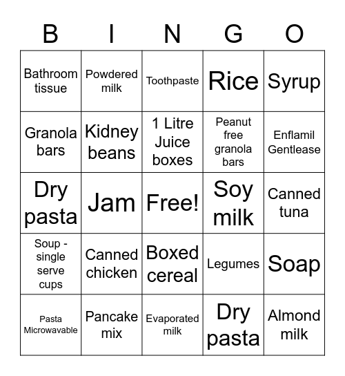 Foodbank Bingo Card