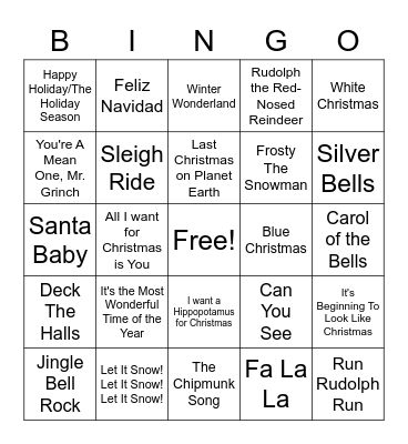 Holiday Fun Bingo Card