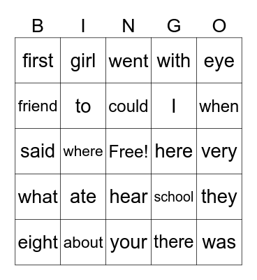 Snap Word Bingo Card