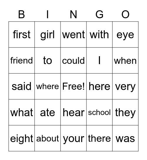 Snap Word Bingo Card