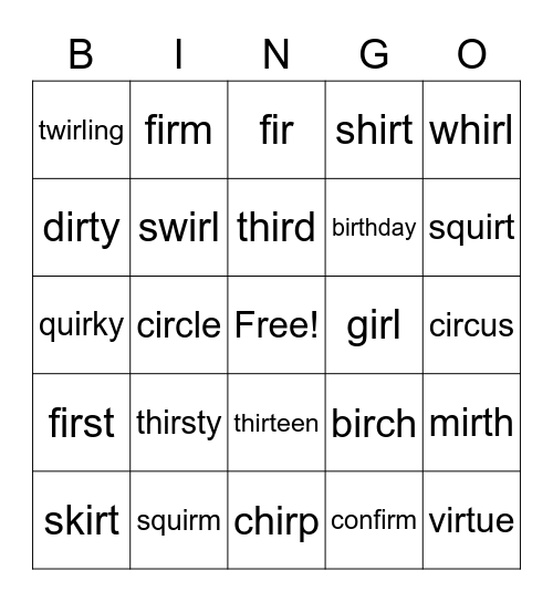 Bossy R:  ir Bingo Card