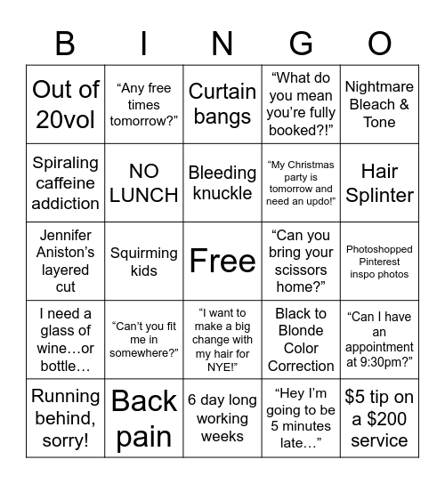 Hairstylist Holiday Bingo! Bingo Card