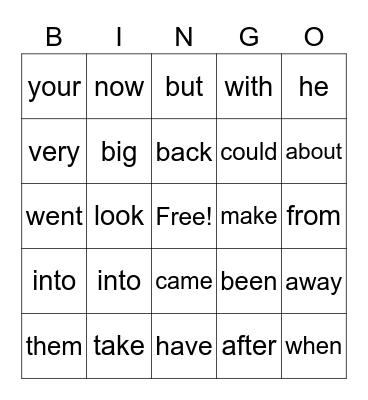 Sight Words Bingo Card