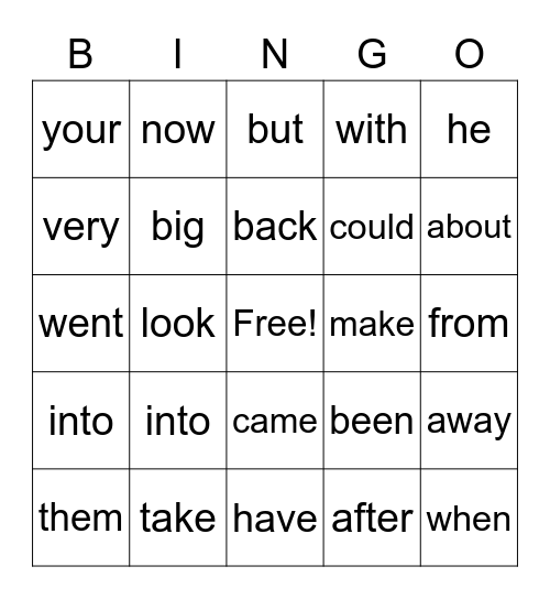 Sight Words Bingo Card