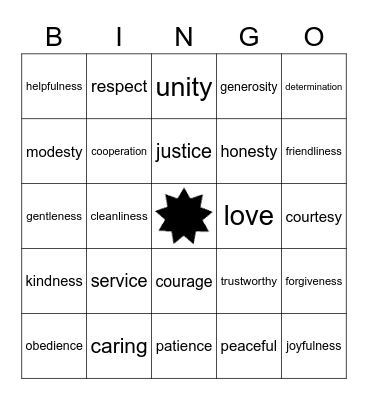 Holiday Virtues Bingo Card