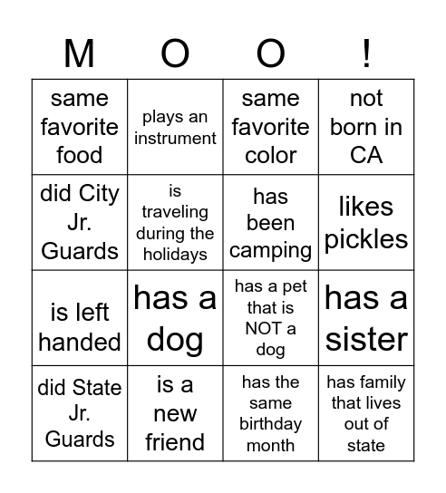 Moosie's Mingle Bingo Card