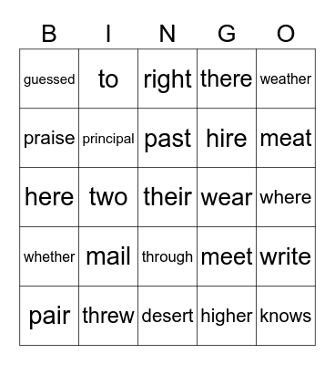 Homophones Bingo Card