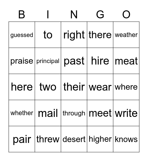 Homophones Bingo Card